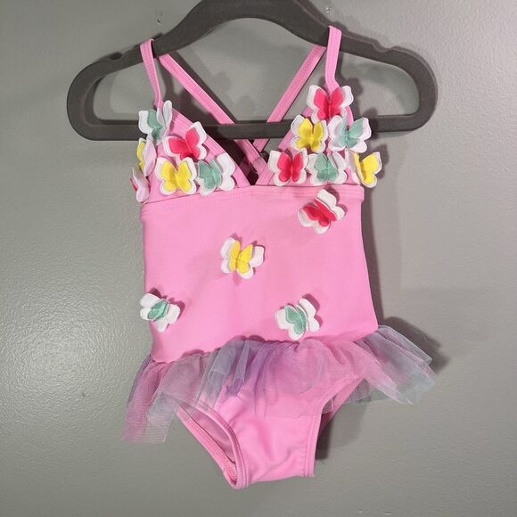 Floatimini Girls One Piece Swimsuit, Pink With Butterflies And Tutu, Size 12-18M - Picture 1 of 4